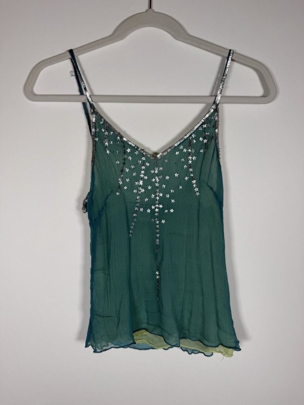 Vintage Y2K Lux Lux Lux green 100% silk beaded stars fairy camisole indie M